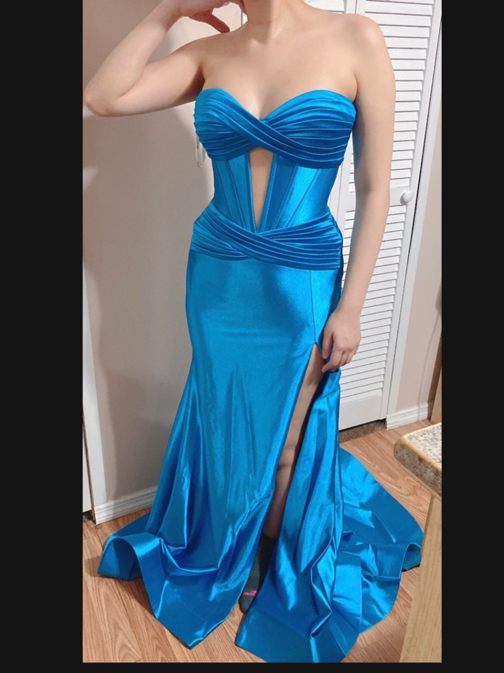 Sherri Hill Strapless Turquoise Blue Satin Gown with Front Cutout